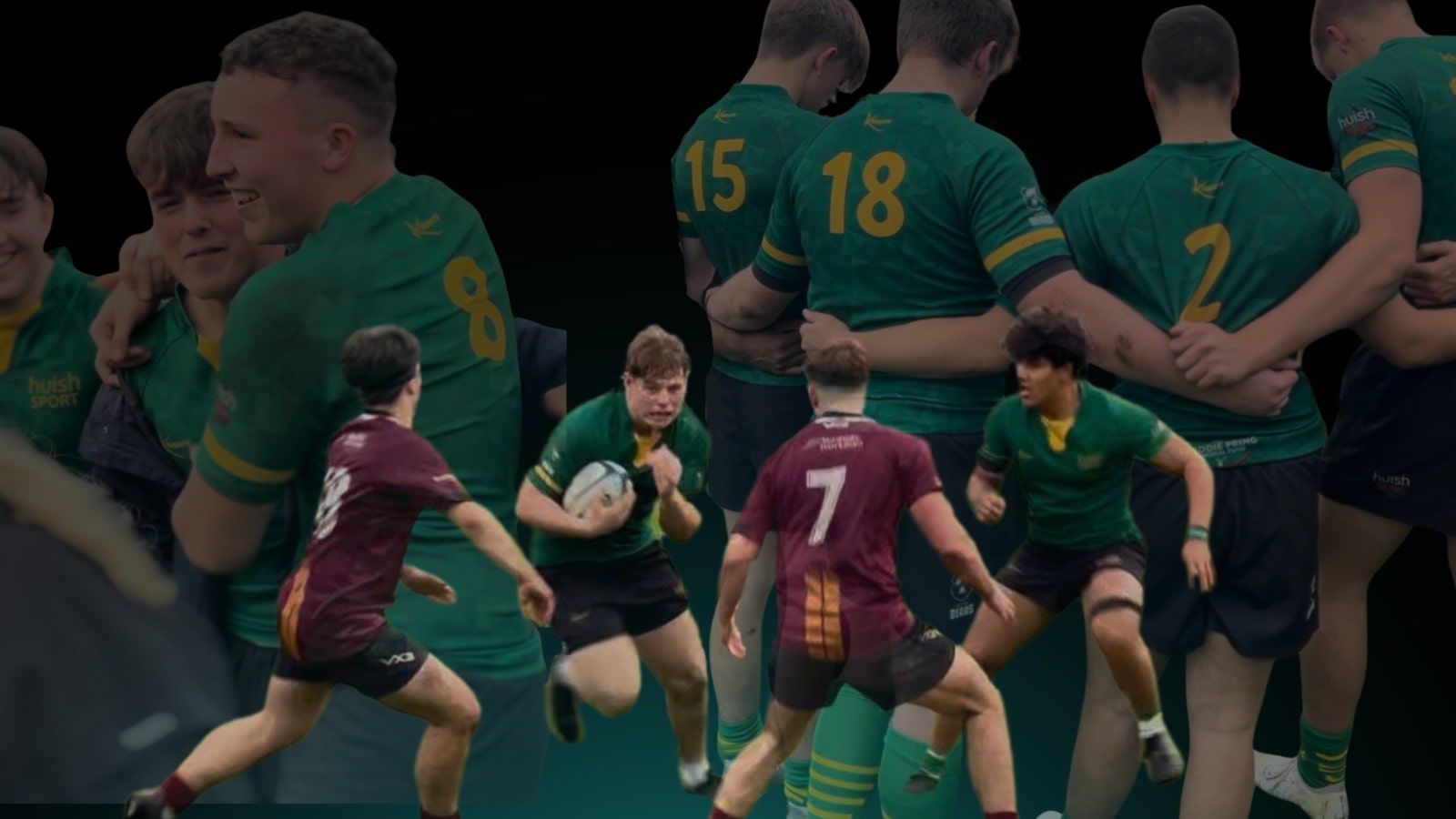 cut outs of students playing Rugby with a black background