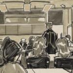 Greyscale artwork showing the mock trial.