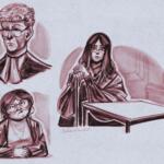 Artwork of three participants in the mock trial.