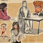 Artwork of five participants in the mock trial.