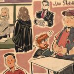 Artwork of six participants in the mock trial.