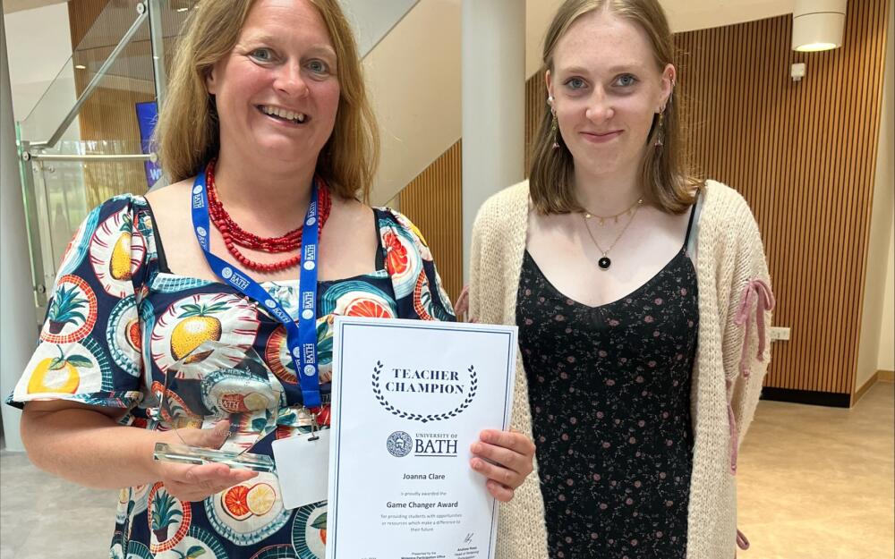 Joanna Clare and Maisie Miles at The Teacher Champion Awards 2024. Jo holds her certificate and award.