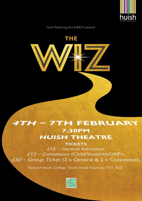 A poster with a black background and the wiz title in gold. Below is a gold graphic that looks like a yellow road, with text inside. There is a QR code at the bottom and a logo in the top right corner.