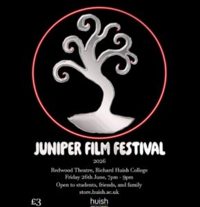 A silver tree graphic within a red circle, on a black background. Text underneath has the title Juniper Film Festival and information below.