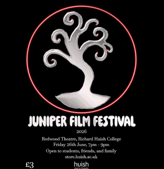 A silver tree graphic within a red circle, on a black background. Text underneath has the title Juniper Film Festival and information below.