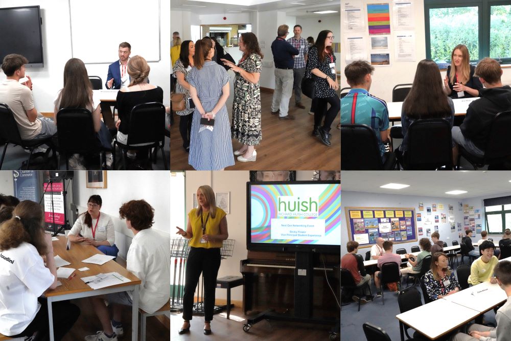 A collage of six square pictures from the NextGen event - a combination of images of students chatting to business representatives, Becky Flower giving a presentation, and guests networking.
