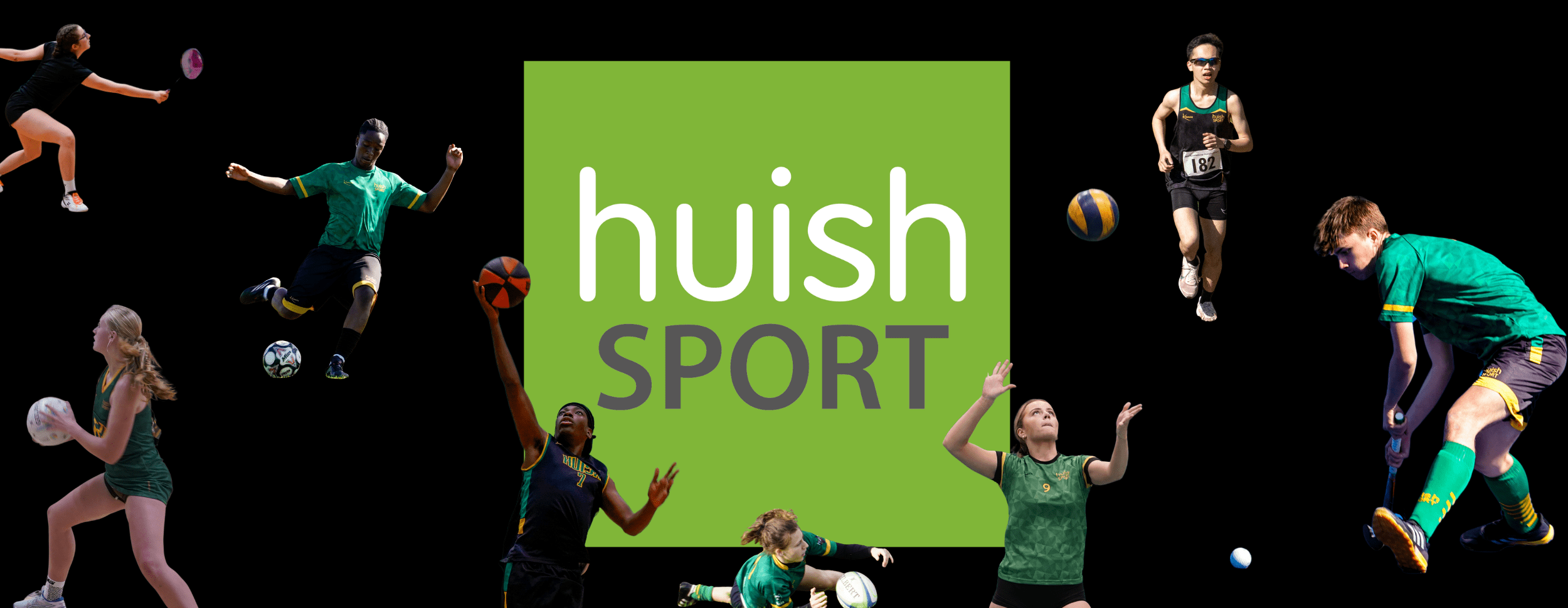 Sport Slider Min Huish sport logo and students playing various sports