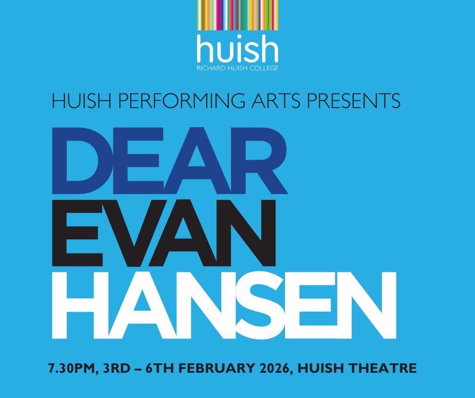 The Huish logo sits at the top of a graphic with text - Dear in navy Evan in back, and Hansen in white.