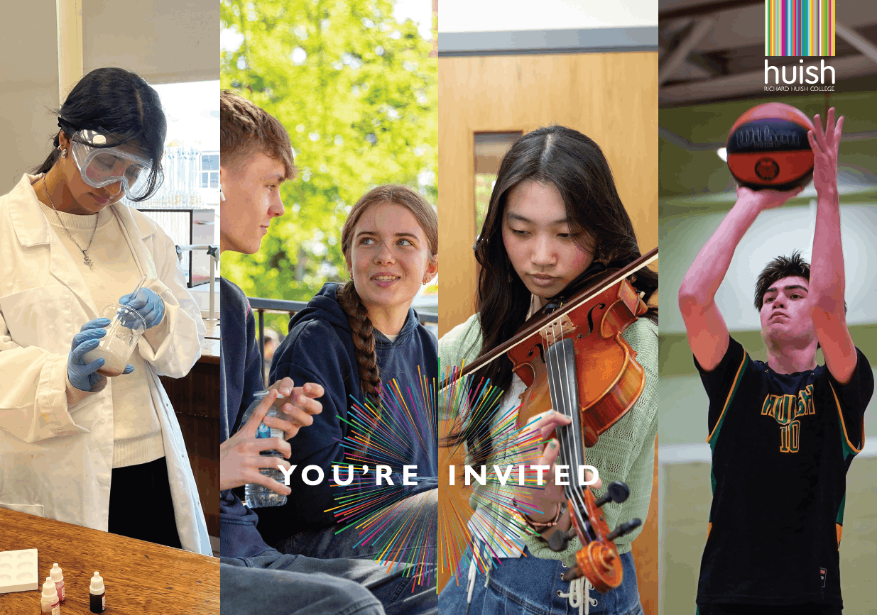 student in a science lab, 2 students chatting, a student playing violin and a student with a basketball