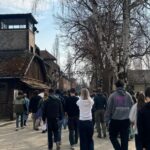 A group of people walking along a sandy path at Auschwitz approaching wooden buildings, including a watchtower, and an overhead metal sign. There is a large bare tree opposite the watchtower.
