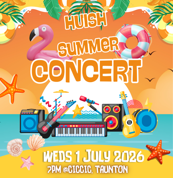A bright, beach-themed poster advertising “Huish Summer Concerts” with colourful illustrations of musical instruments, a pink flamingo float, tropical leaves, seashells, and a rubber ring. Text reads: “Huish Summer Concert, Weds 1 July 2026, 7pm @ Ciccic, Taunton.”