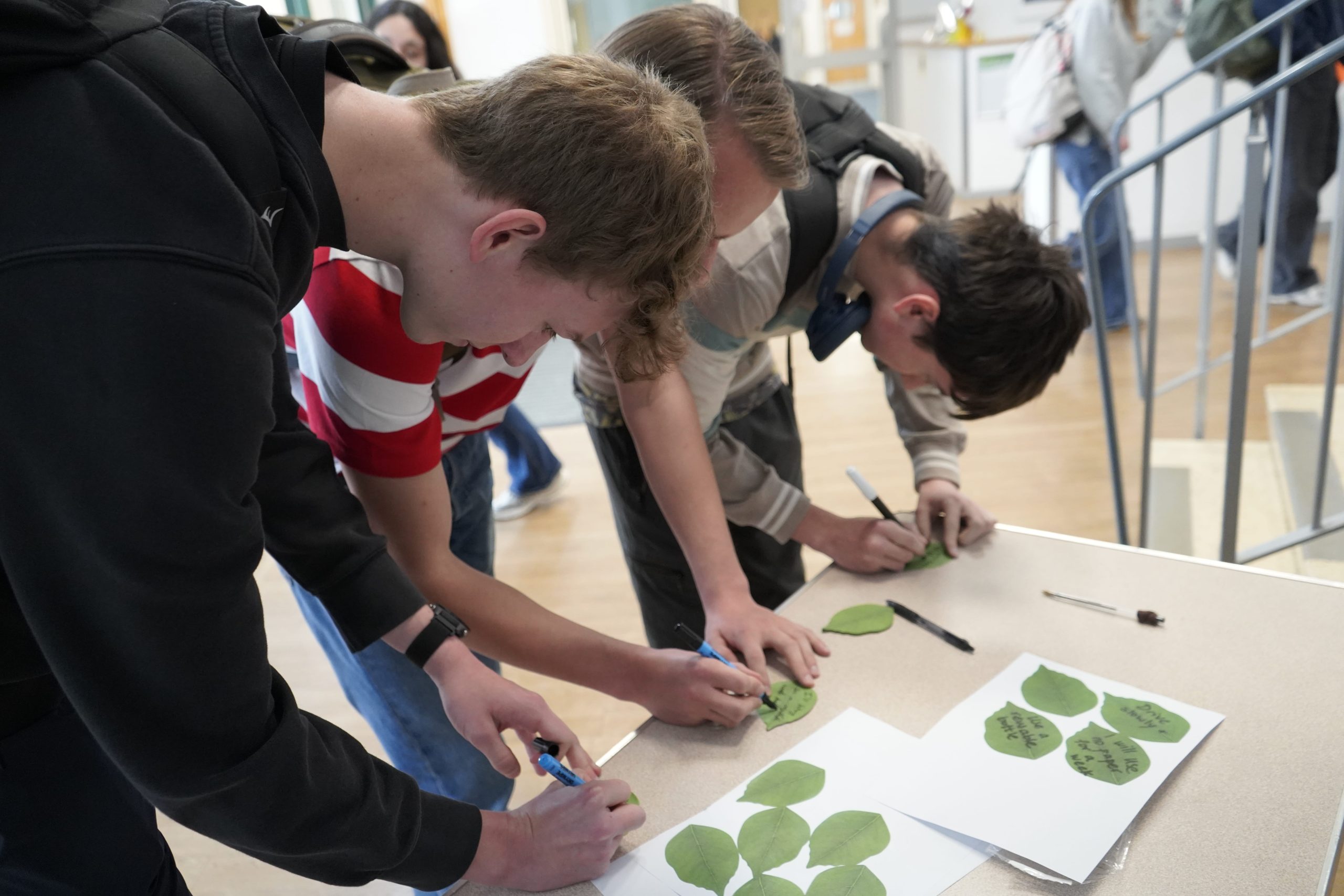 Students writing messages on leaves